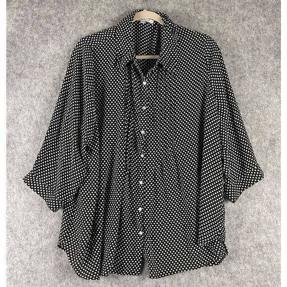 Rose & Olive Tops - Rose Olive Tunic Top Woman 2X Black Polka Dot Button Front 3/4 Sleeve Relaxed